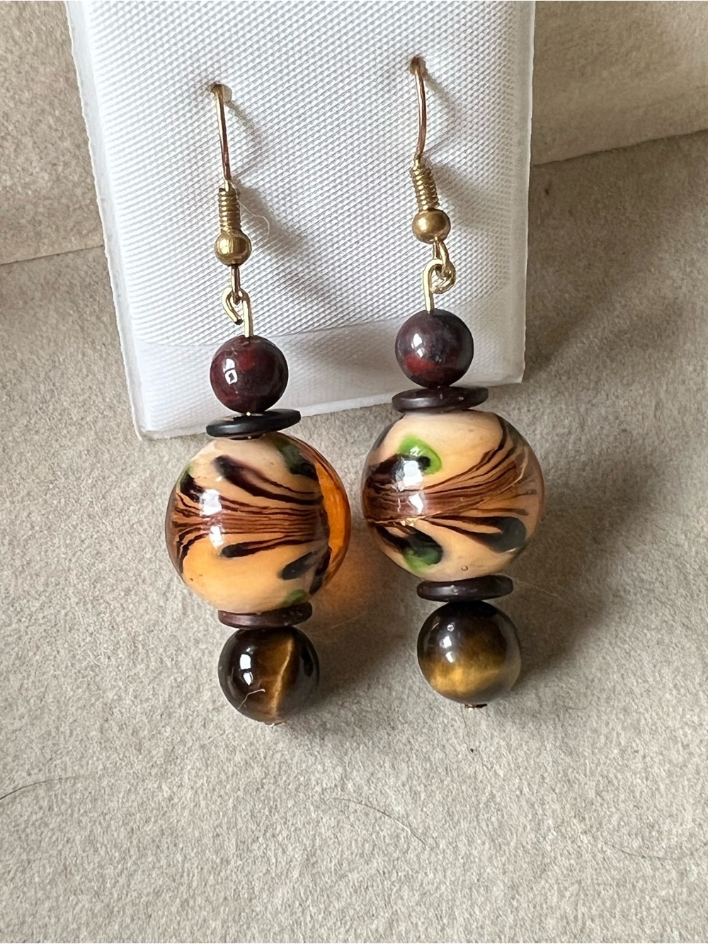 Handcrafted Multicolor Glass Bead Drop Earrings - Peach, Brown & Green